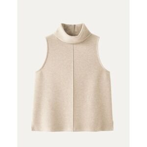OGL Women Small Heather Beige Sleeveless Turtleneck Top Center Seam Split Hem